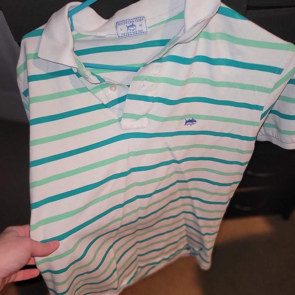 Southern Tide Mens Polo with Green and Blue Stripes